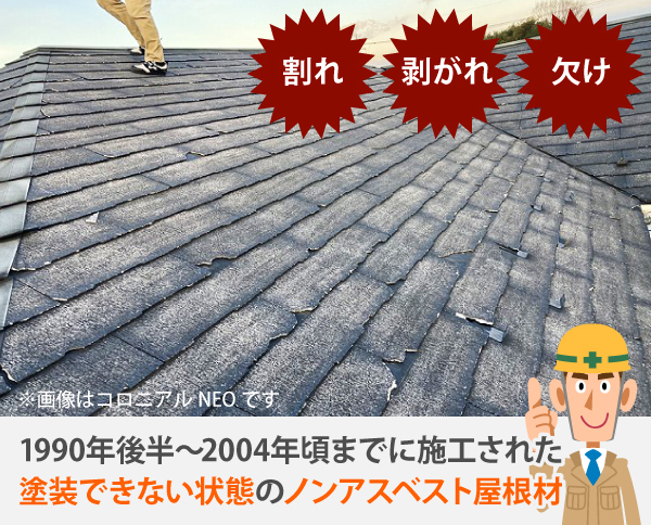 1990年後半～2004年頃までに施工された塗装できない状態のノンアスベスト屋根材