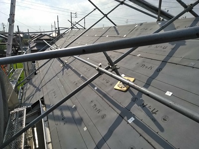 コケの生えたカラーベスト屋根のカバー工事の防水シートの様子