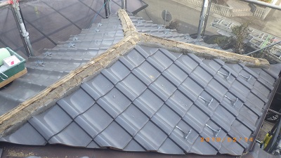 台風被害のあったお宅の南蛮漆喰施工中の様子